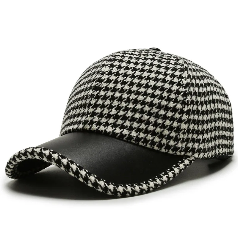 Houndstooth Wool Cap with Leather Trim