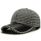 Houndstooth Wool Cap with Leather Trim