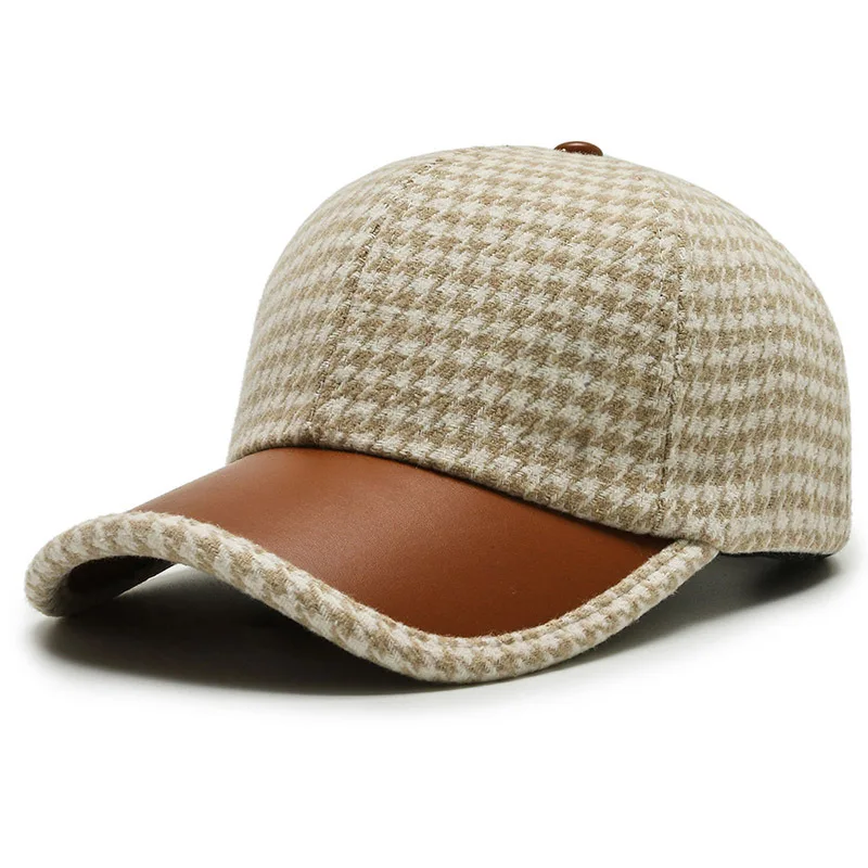 Houndstooth Wool Cap with Leather Trim