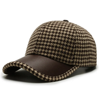 Houndstooth Wool Cap with Leather Trim
