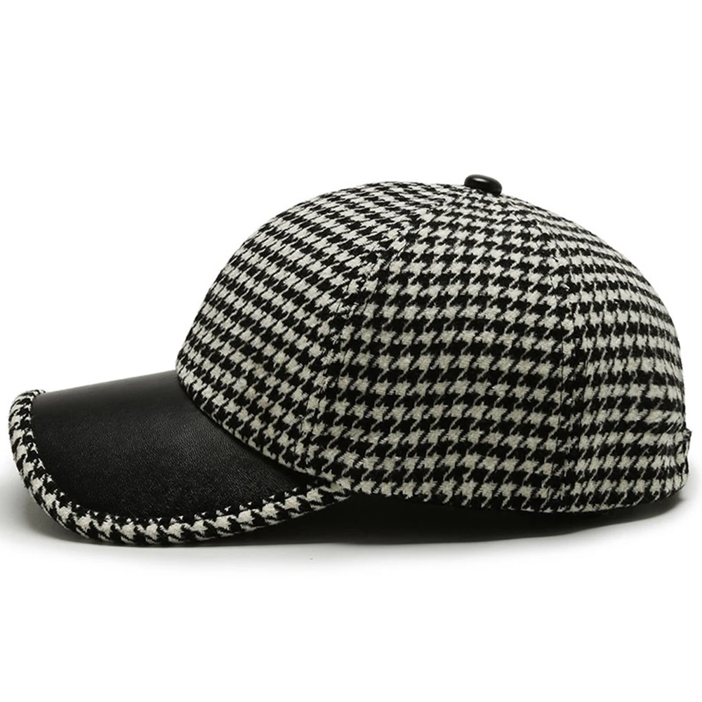 Houndstooth Wool Cap with Leather Trim