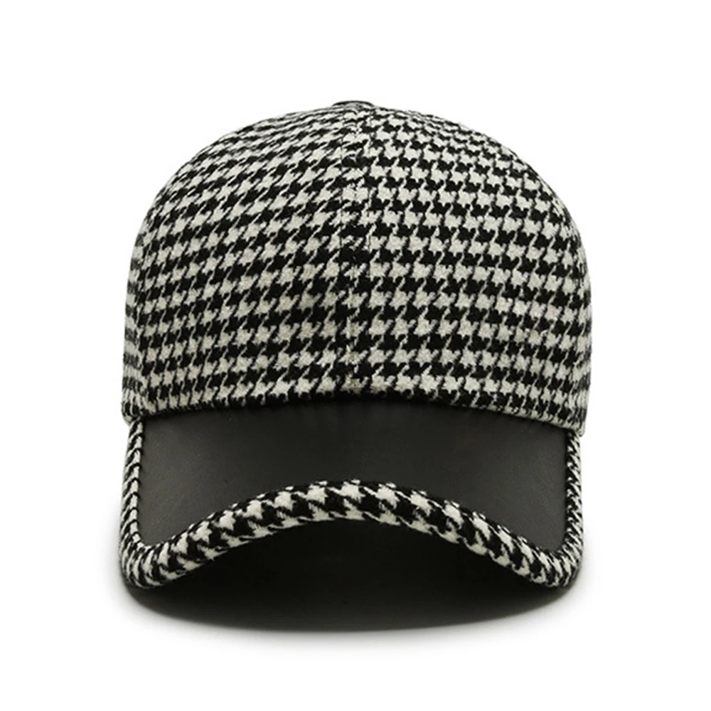 Houndstooth Wool Cap with Leather Trim