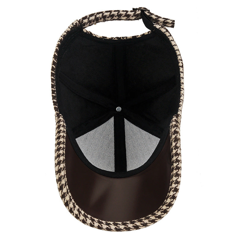 Houndstooth Wool Cap with Leather Trim