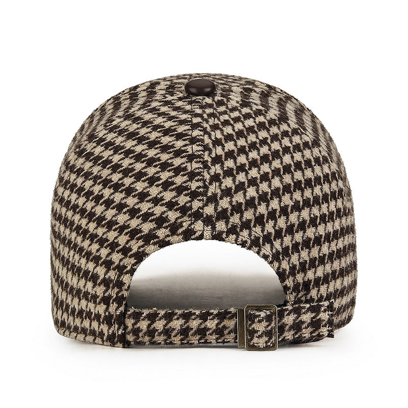 Houndstooth Wool Cap with Leather Trim