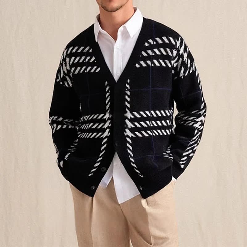 Graphic Plaid Knit Cardigan