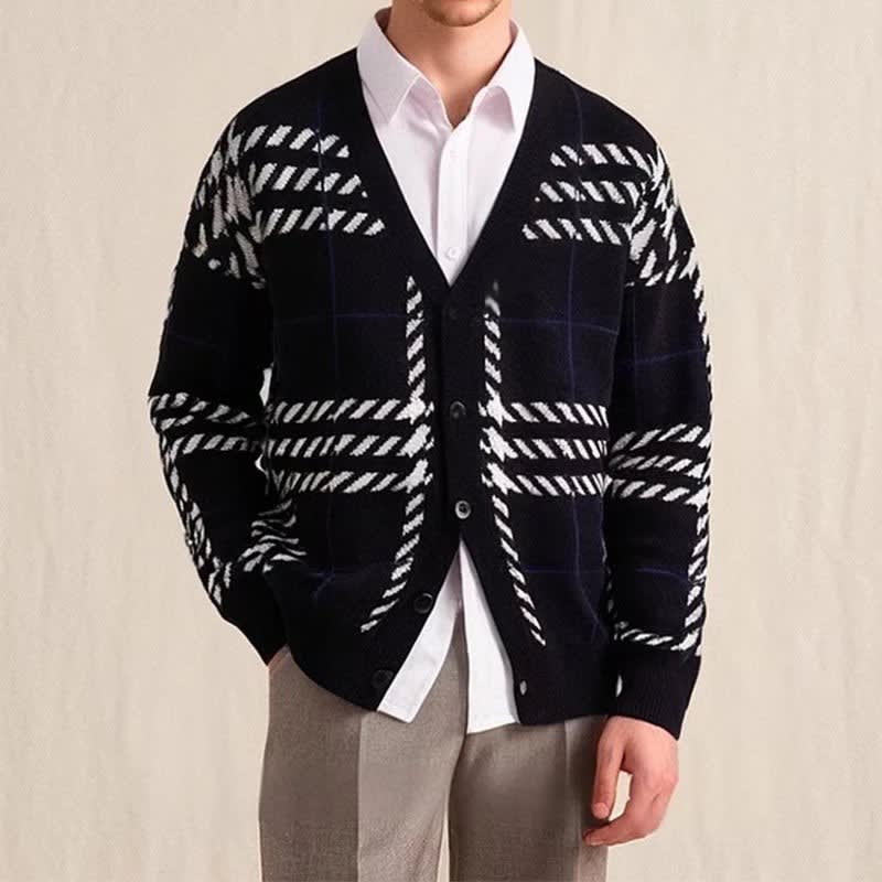 Graphic Plaid Knit Cardigan