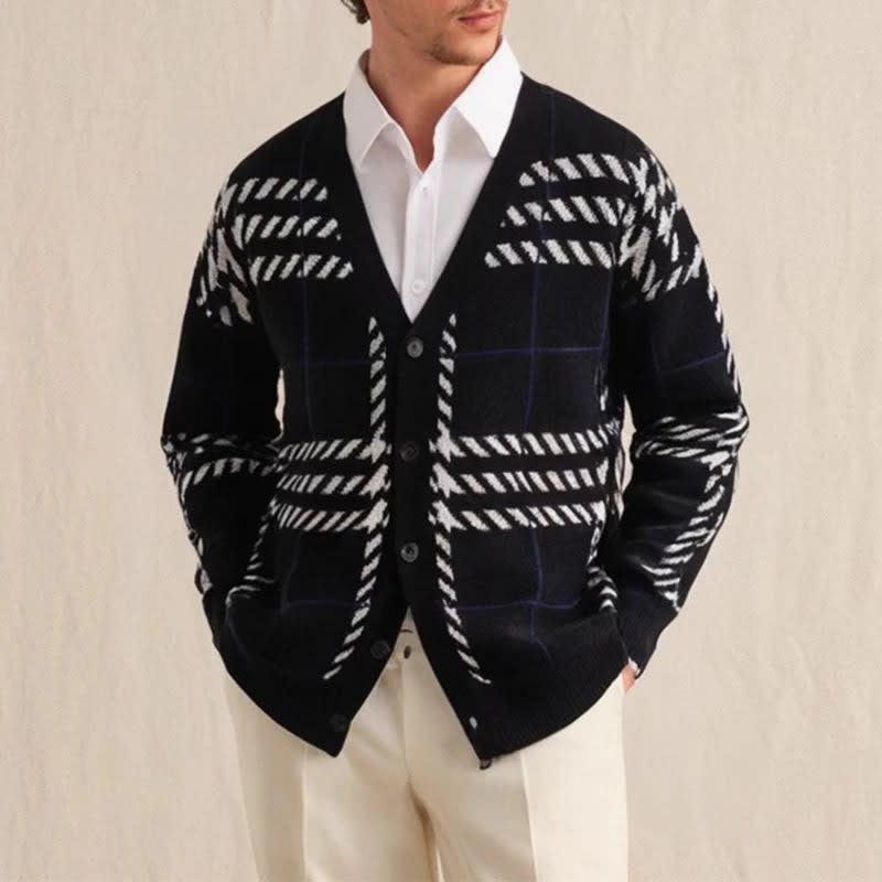 Graphic Plaid Knit Cardigan