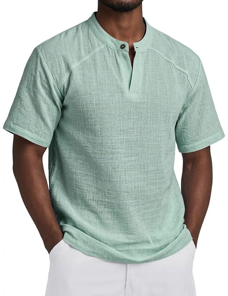 Linen-Blend Grandad Popover Shirt