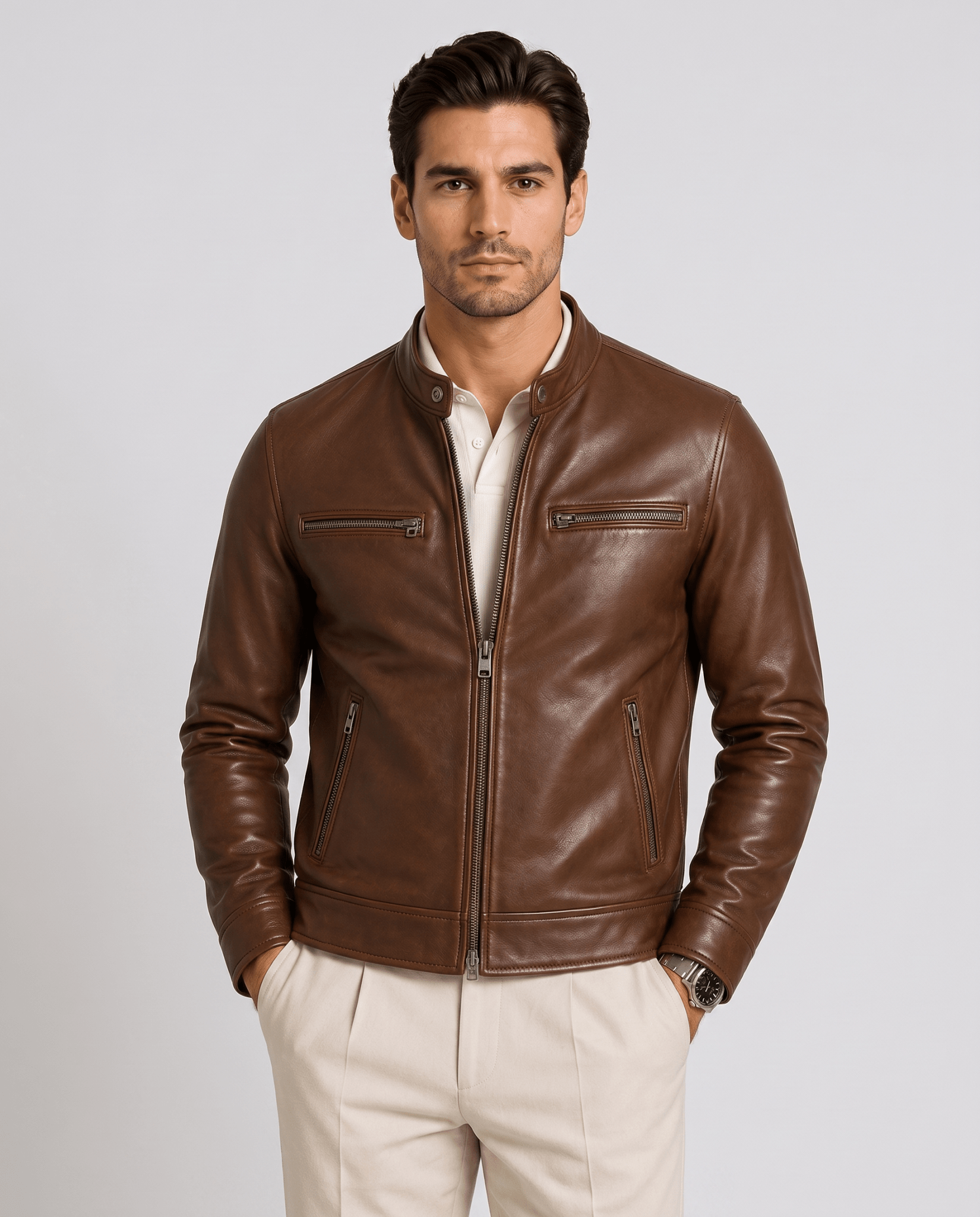 Men's Leather Look Zip Front Jacket - Secranzo