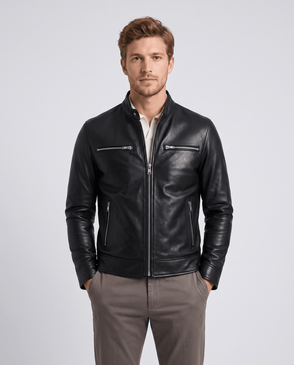 Men's Leather Look Zip Front Jacket - Secranzo