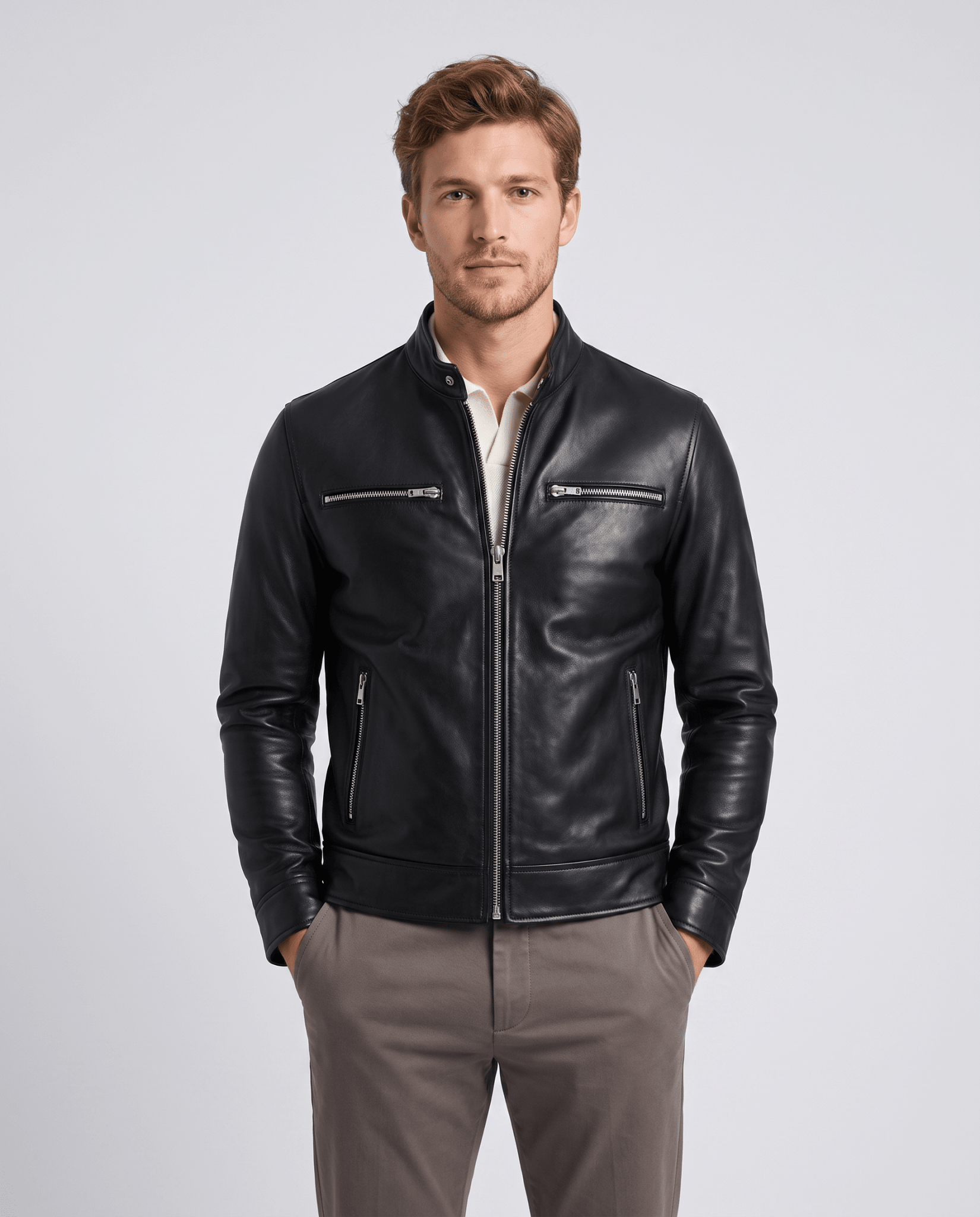 Men's Leather Look Zip Front Jacket - Secranzo