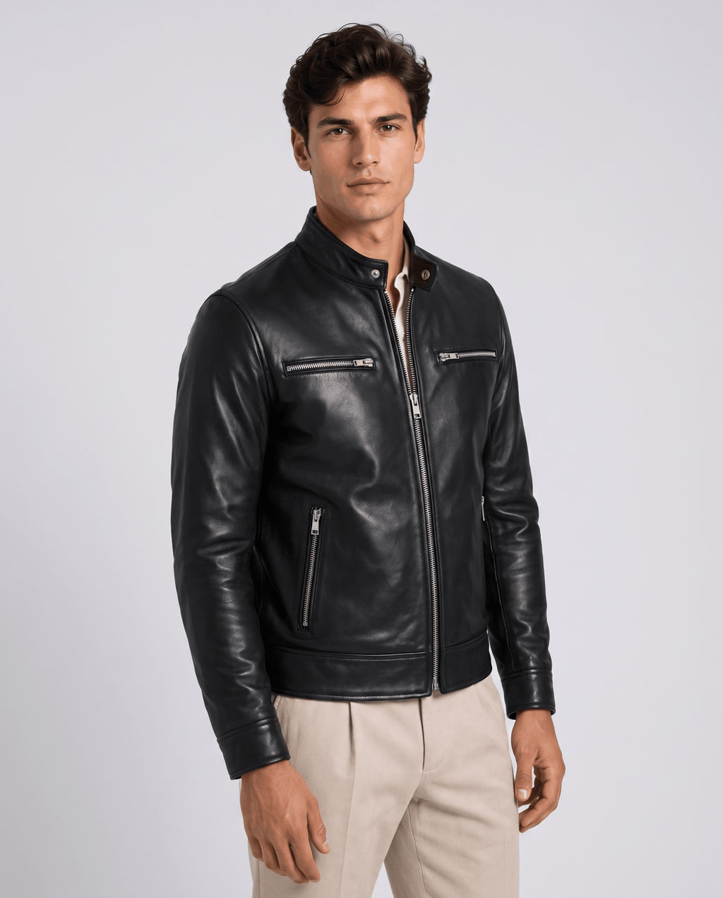 Men's Leather Look Zip Front Jacket - Secranzo