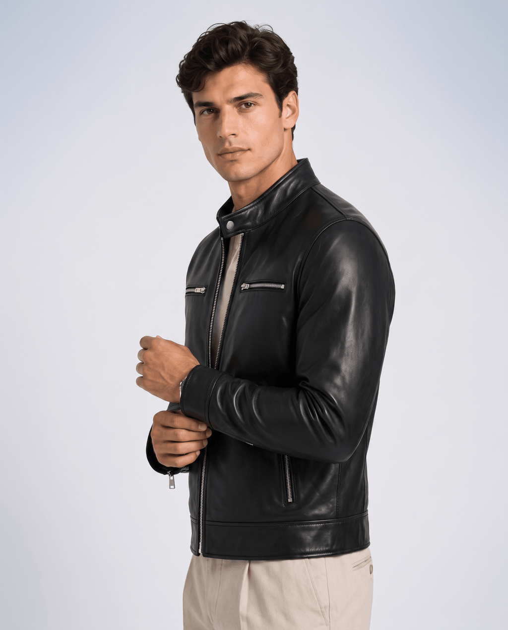 Men's Leather Look Zip Front Jacket - Secranzo