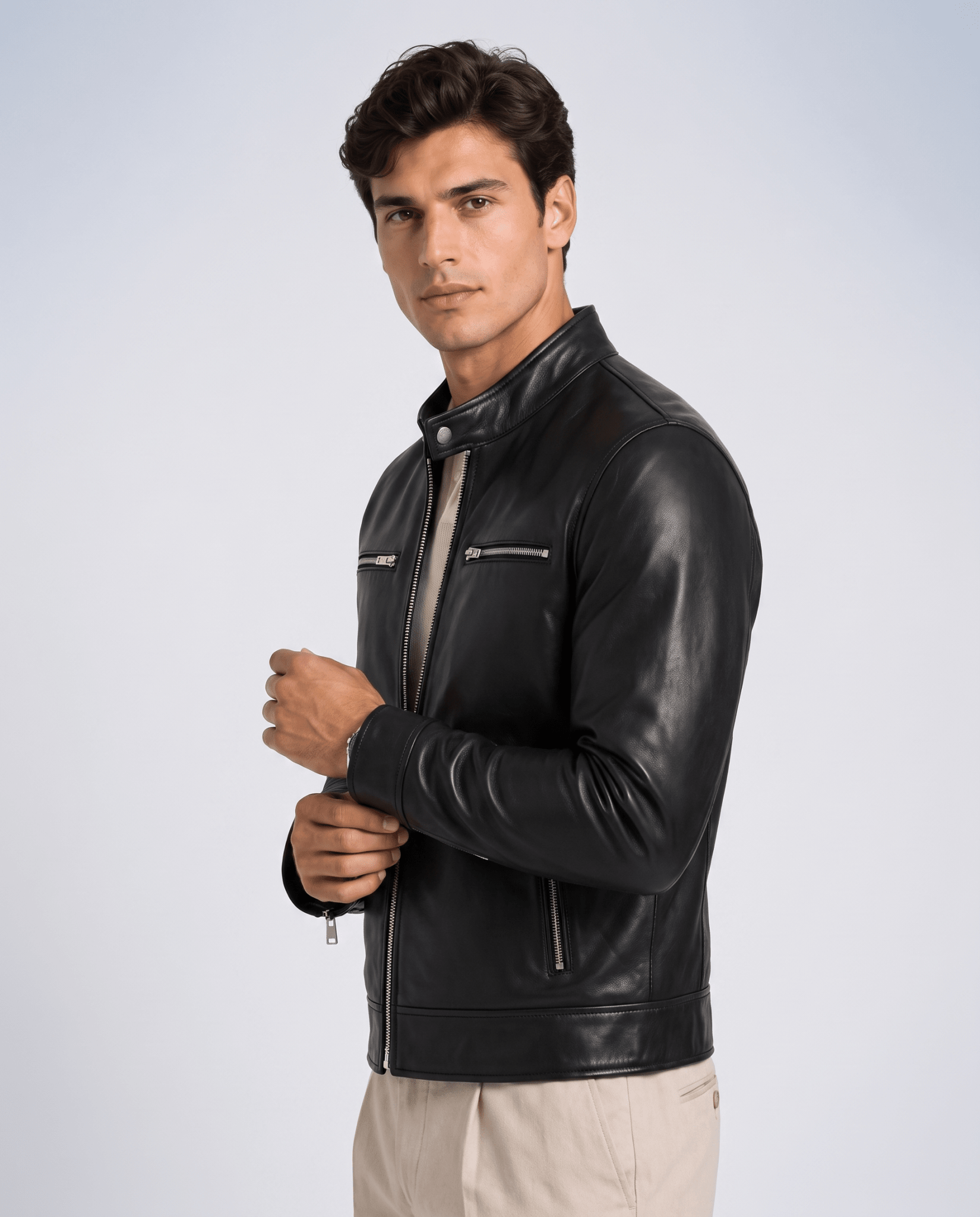 Men's Leather Look Zip Front Jacket - Secranzo
