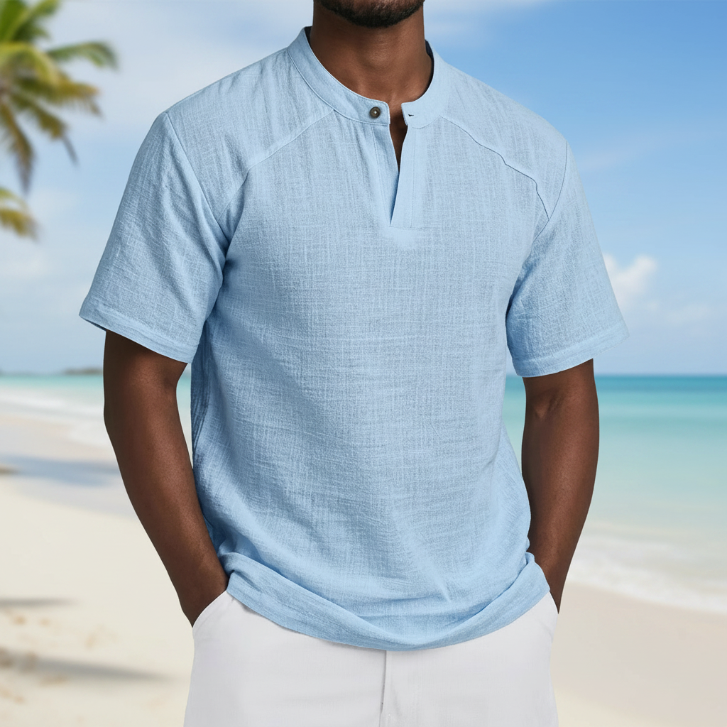 Linen-Blend Grandad Popover Shirt