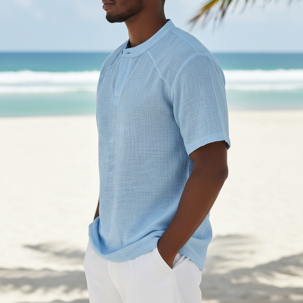 Linen-Blend Grandad Popover Shirt