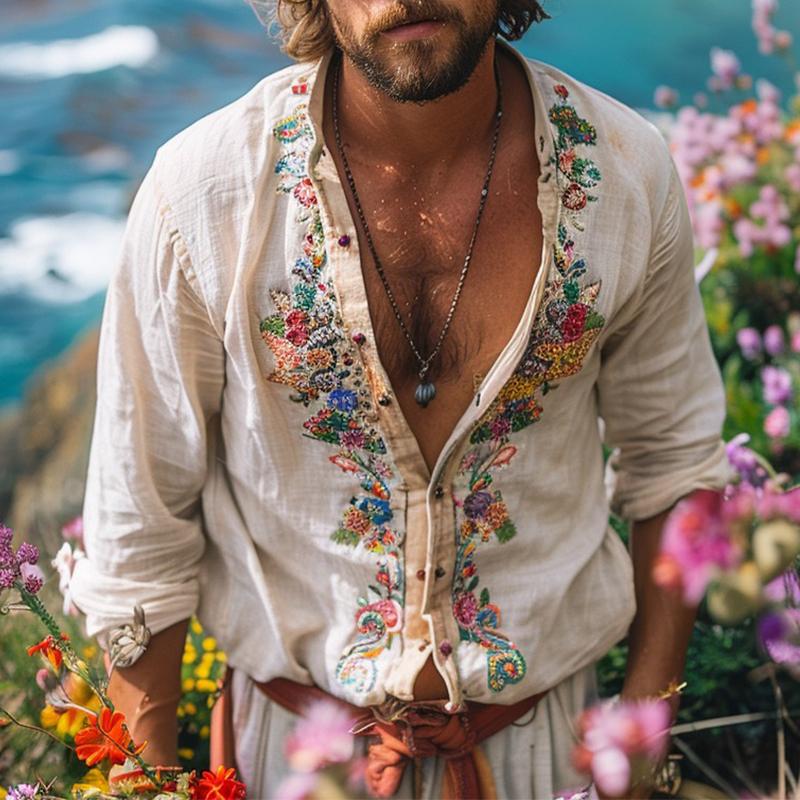 Embroidered Grandad Collar Shirt
