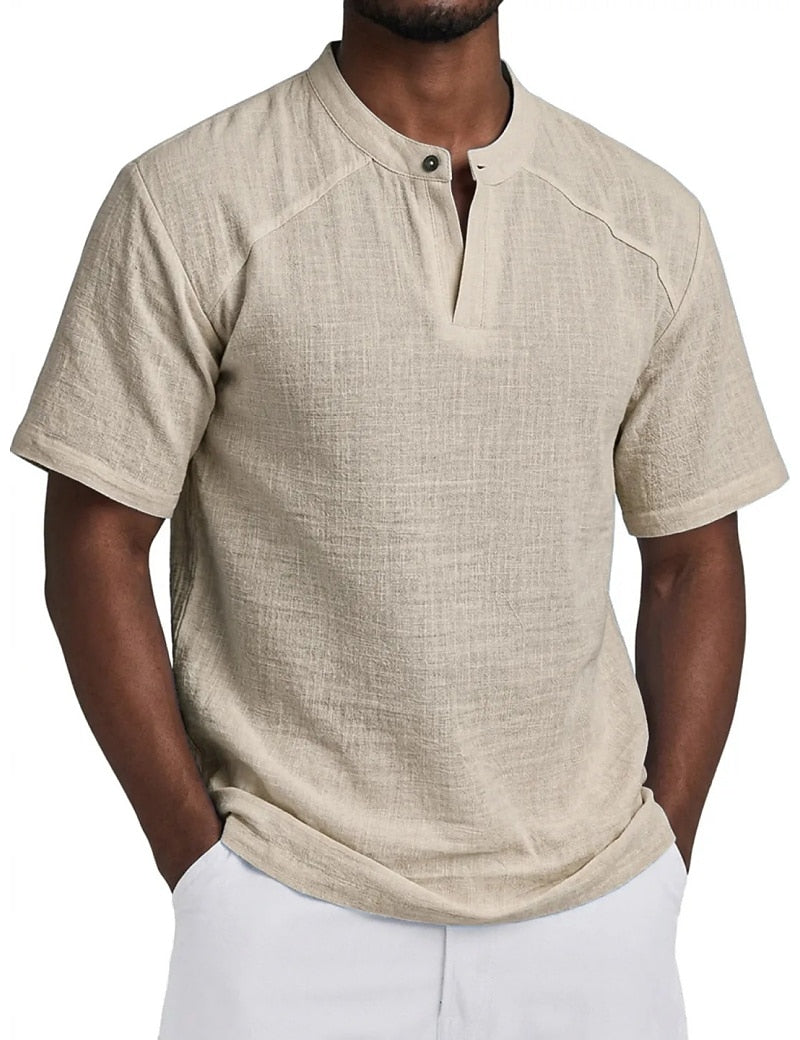Linen-Blend Grandad Popover Shirt