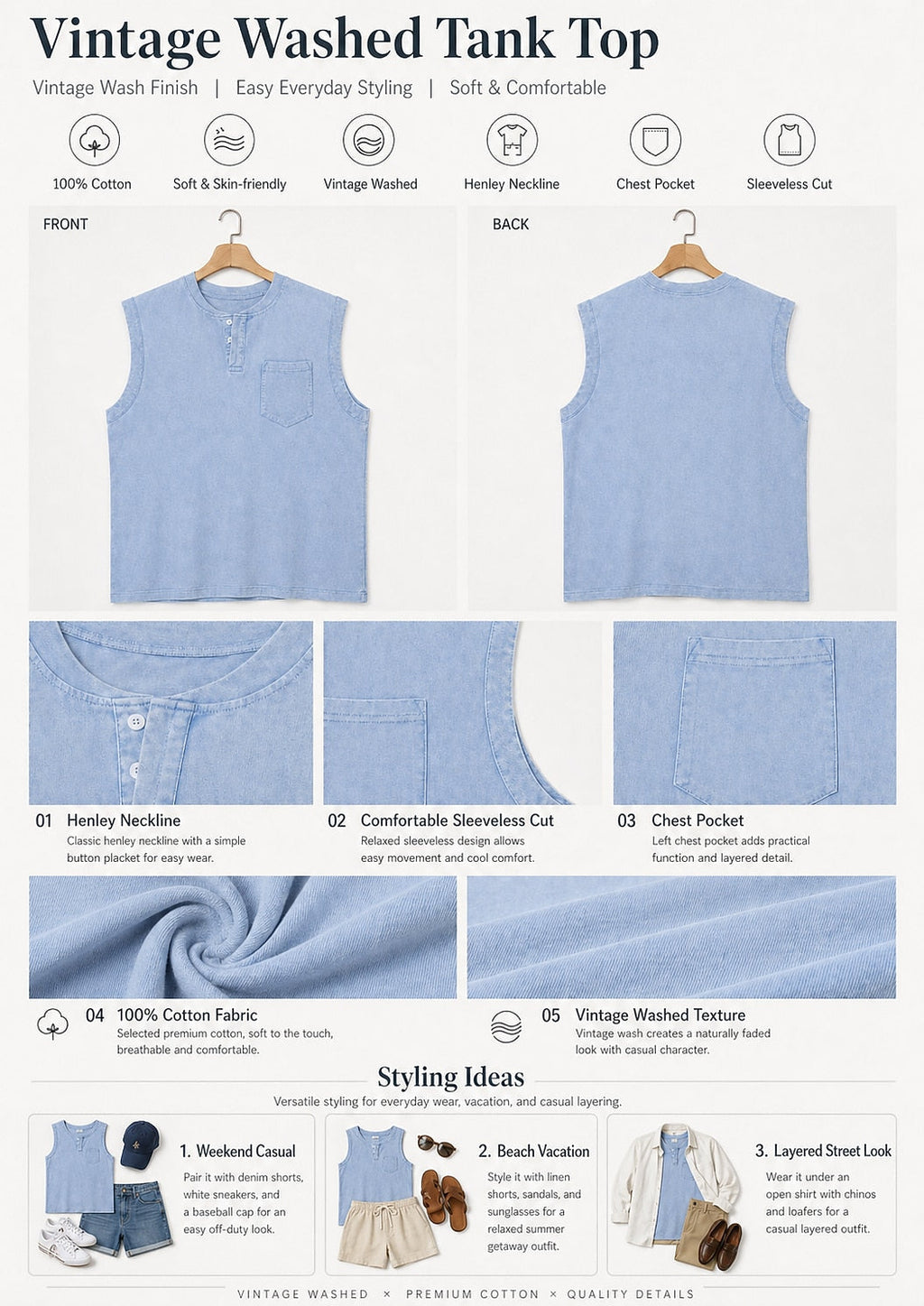 Vintage Washed Henley Tank Top