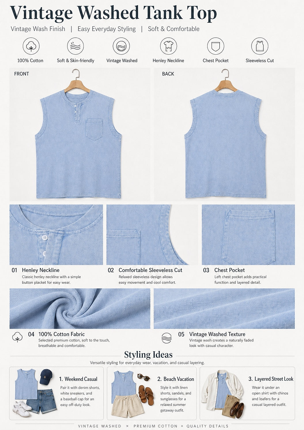Vintage Washed Henley Tank Top