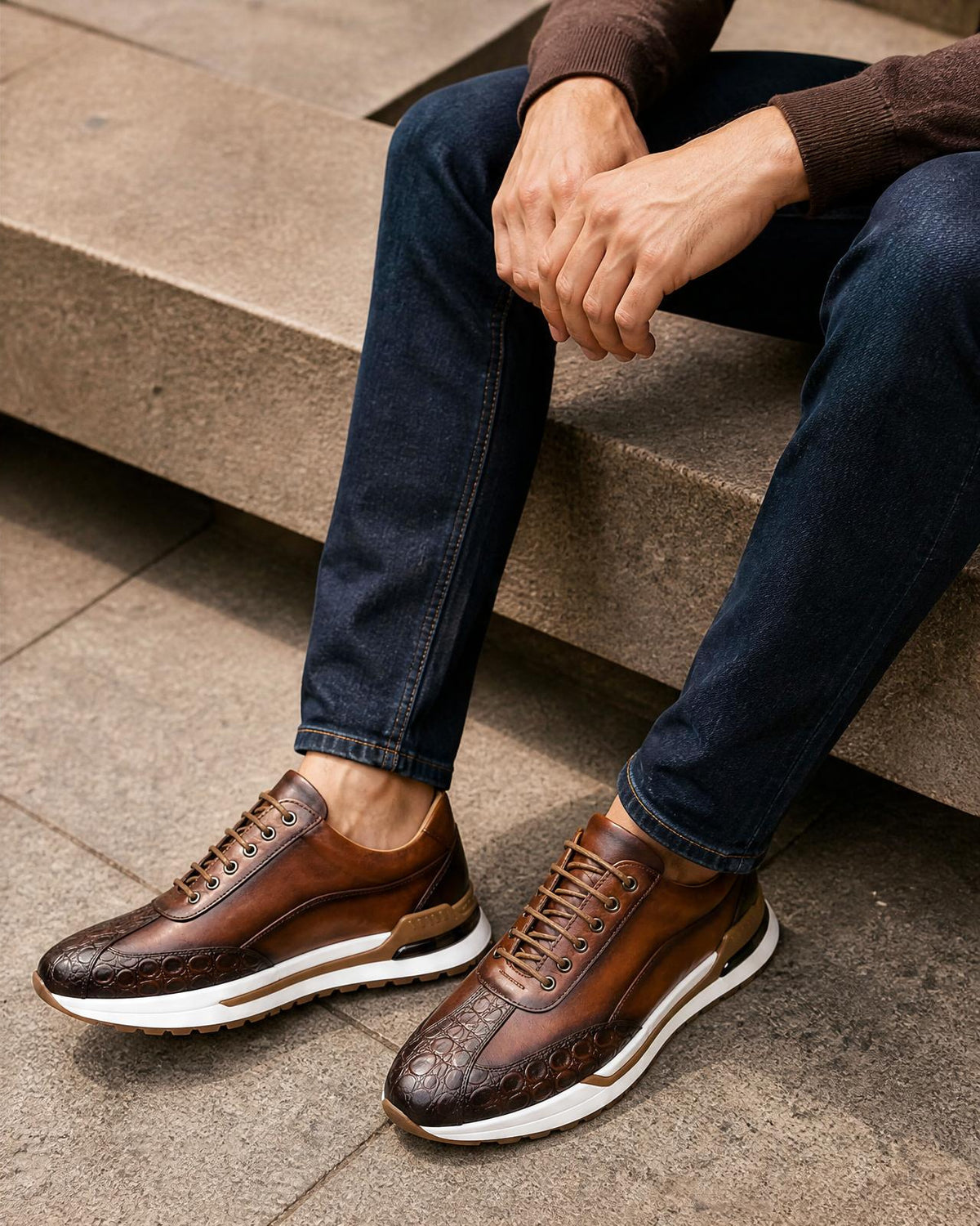 Men's Leather Croc Embossed Sneakers - Secranzo