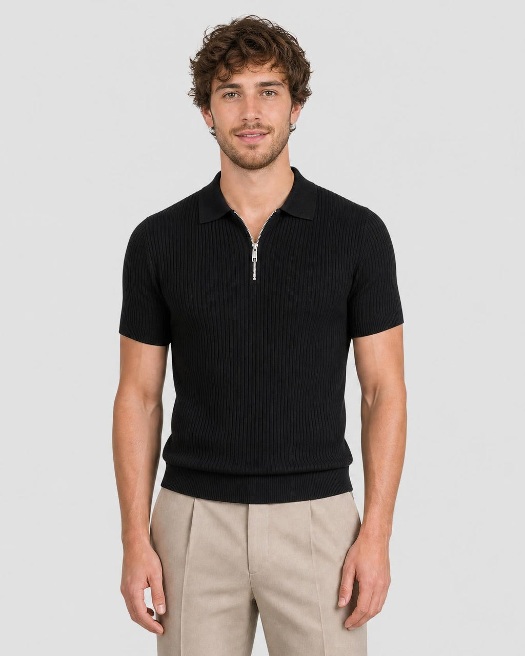 Men's Ribbed Knit Zip Collar Polo - Secranzo
