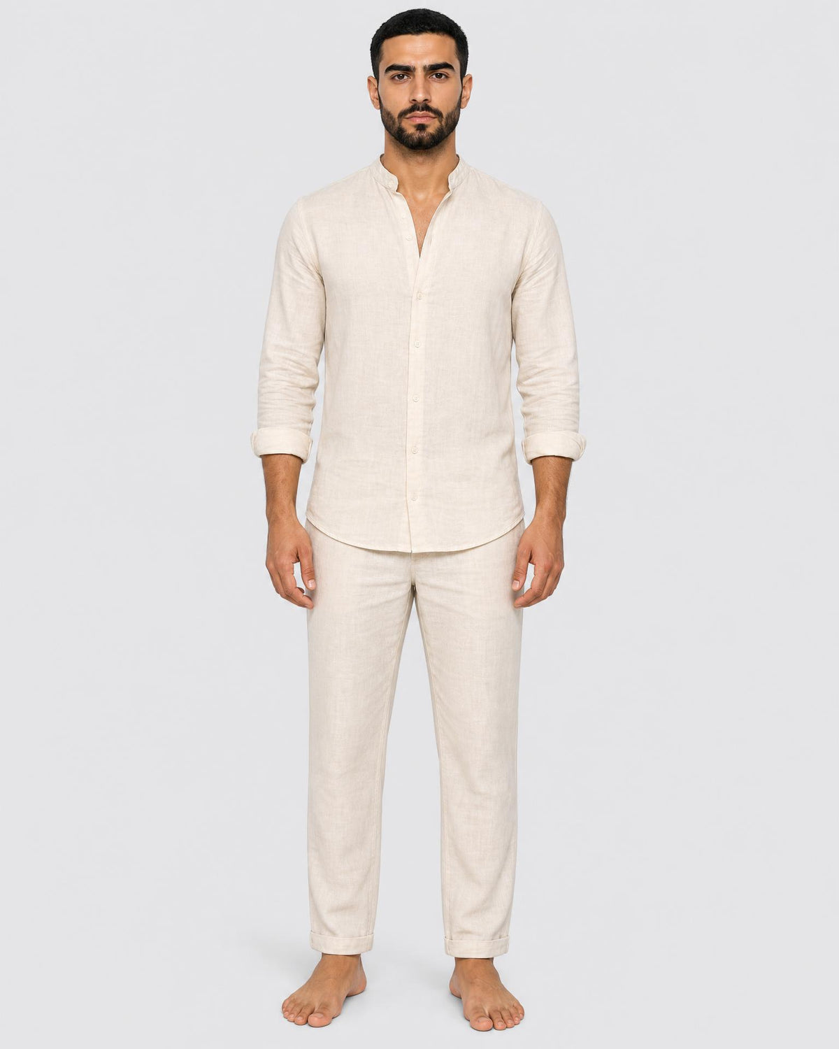 Men's Linen Set – Grandad Collar Shirt & Trousers - Secranzo