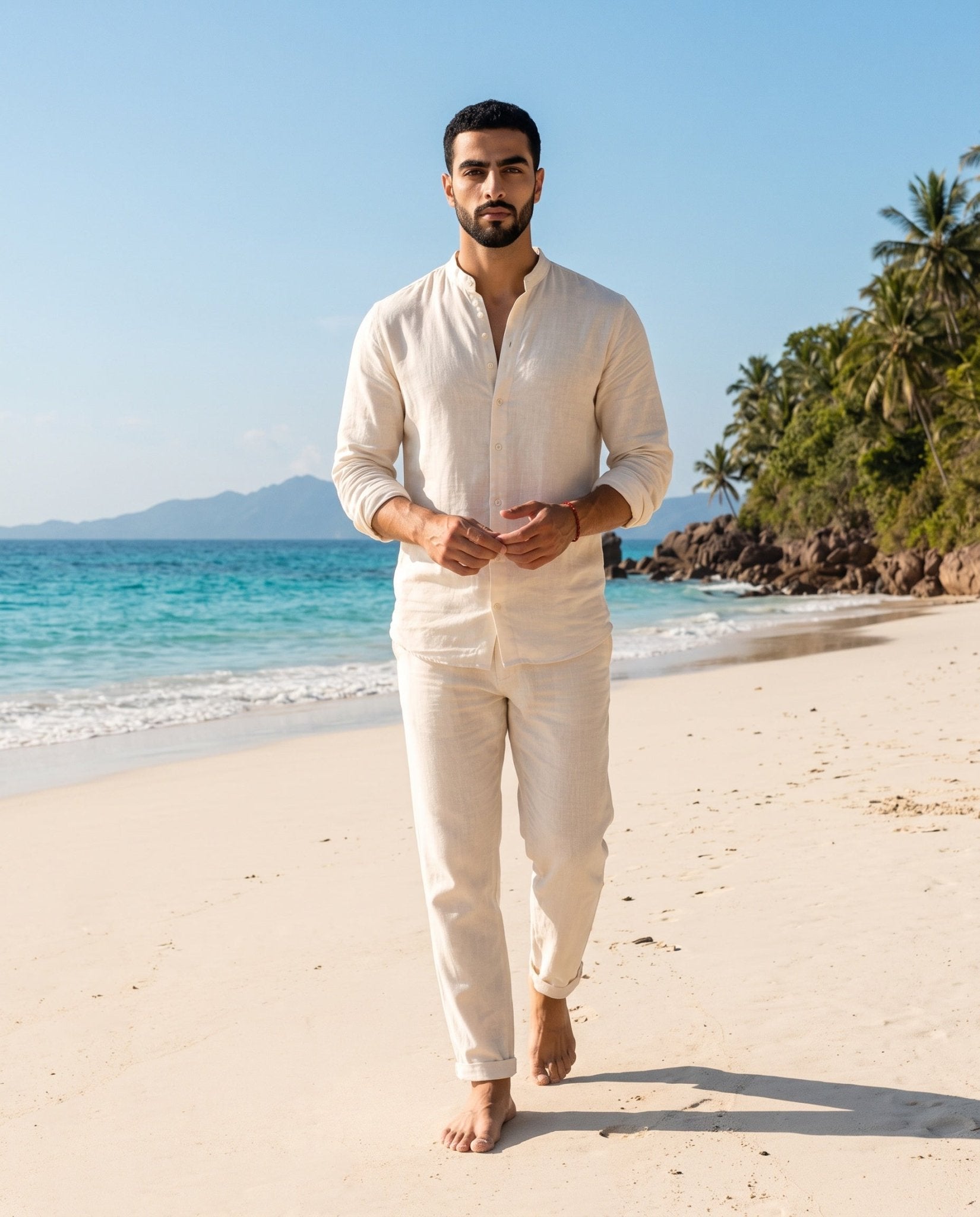 Men's Linen Set – Grandad Collar Shirt & Trousers - Secranzo