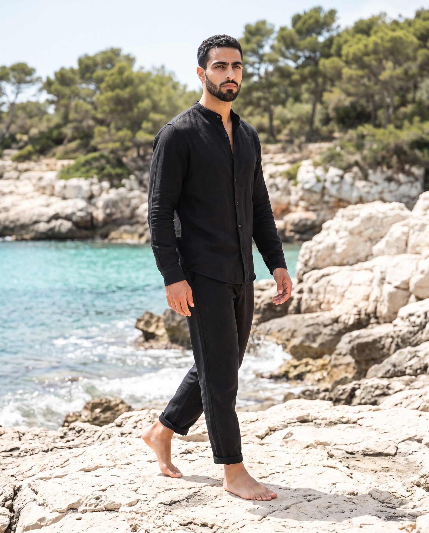Men's Linen Set – Grandad Collar Shirt & Trousers - Secranzo