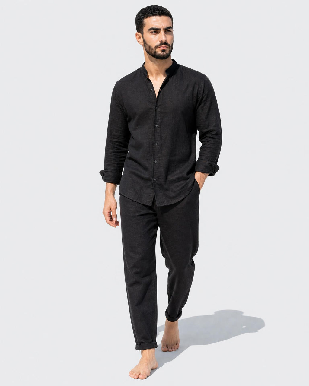 Men's Linen Set – Grandad Collar Shirt & Trousers - Secranzo