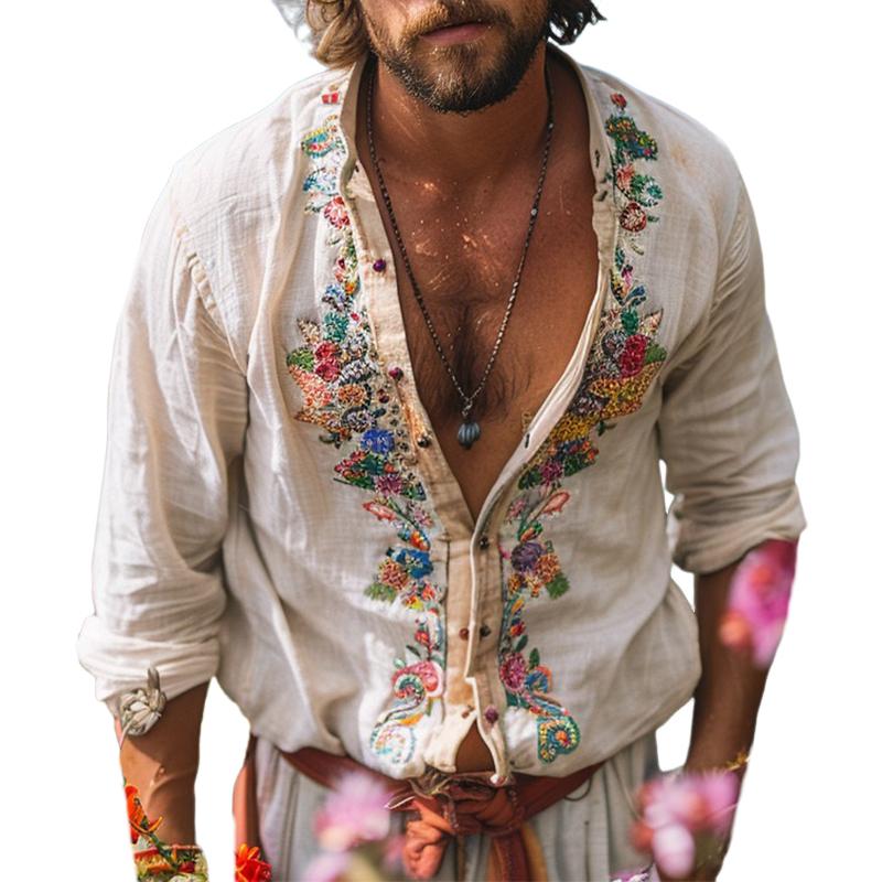 Embroidered Grandad Collar Shirt