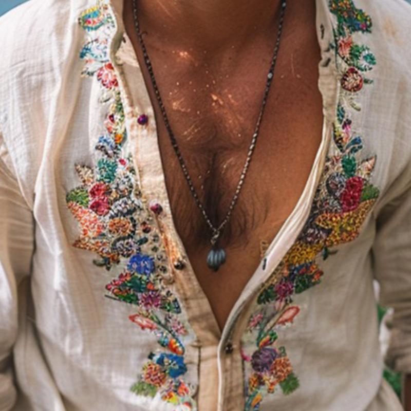 Embroidered Grandad Collar Shirt