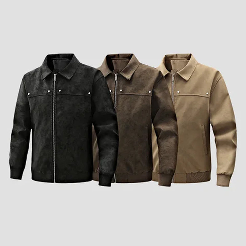 Ribbed-Cuff Classic Leather Jacket