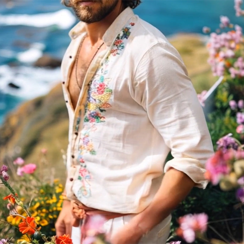 Embroidered Grandad Collar Shirt