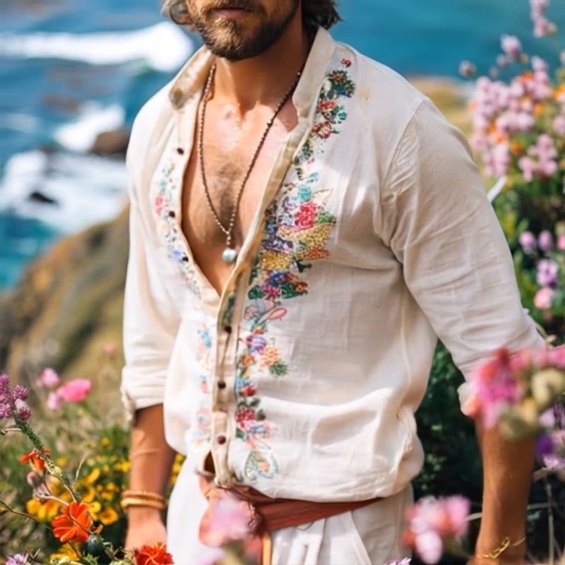 Embroidered Grandad Collar Shirt