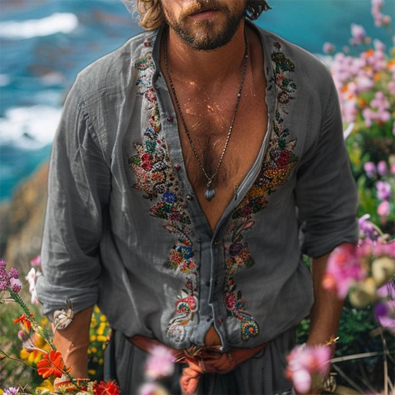 Embroidered Grandad Collar Shirt