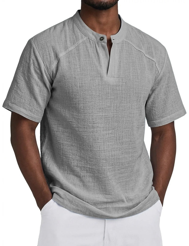 Linen-Blend Grandad Popover Shirt