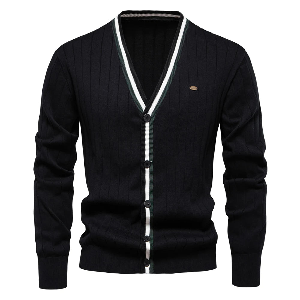 Contrast Trim Cotton V-Neck Cardigan
