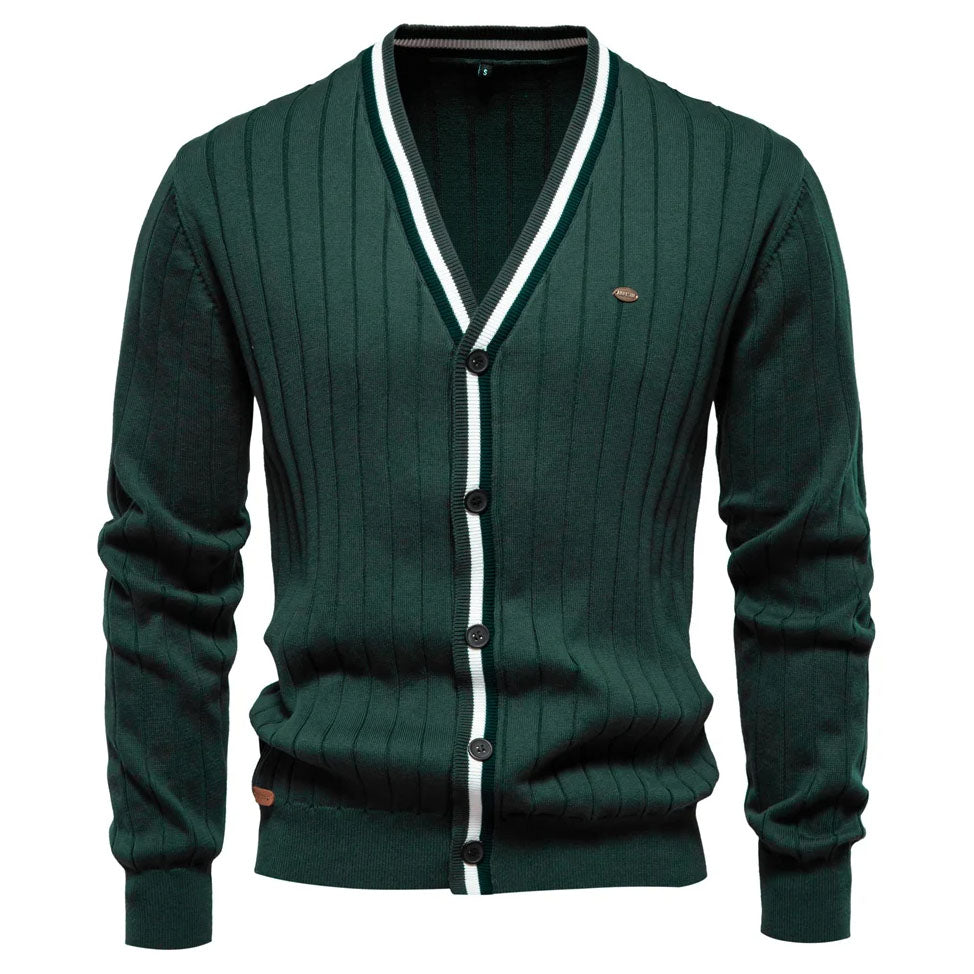 Contrast Trim Cotton V-Neck Cardigan