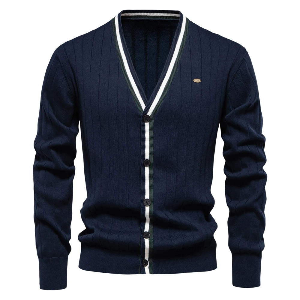 Contrast Trim Cotton V-Neck Cardigan