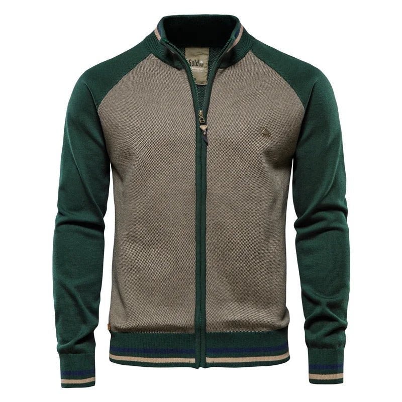 Color Block Zip Stand Collar Cardigan