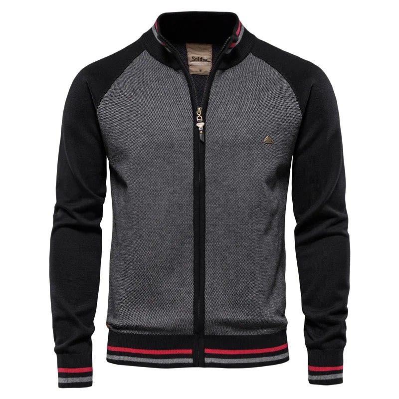 Color Block Zip Stand Collar Cardigan
