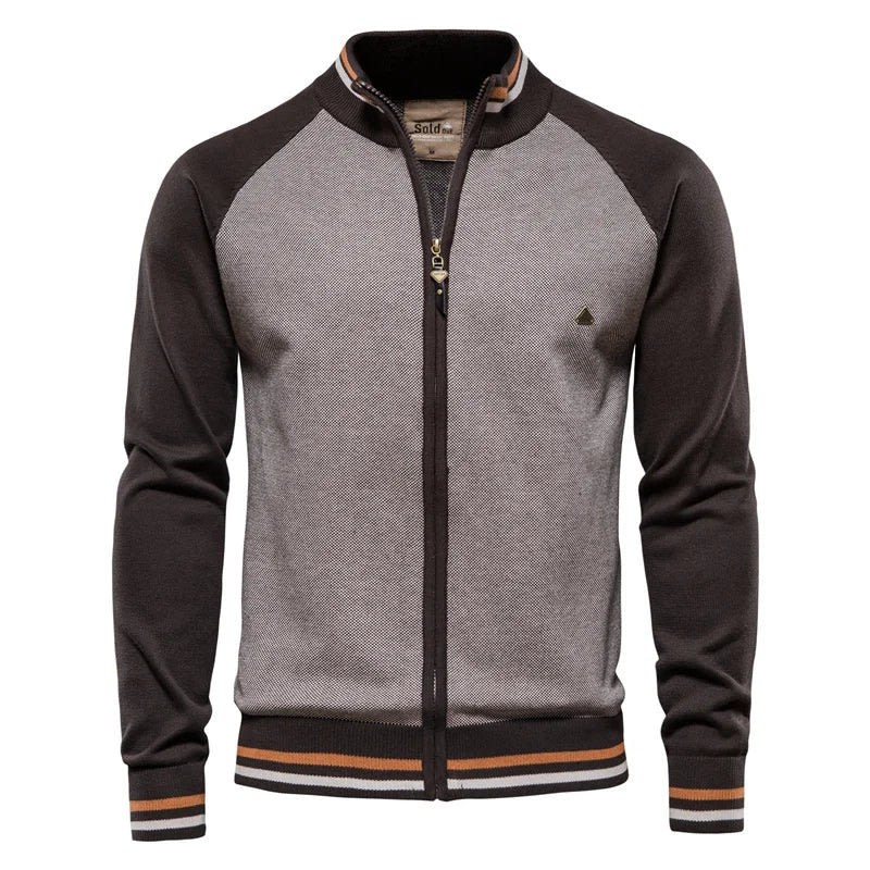 Color Block Zip Stand Collar Cardigan