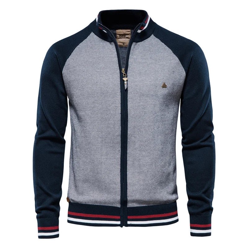 Color Block Zip Stand Collar Cardigan