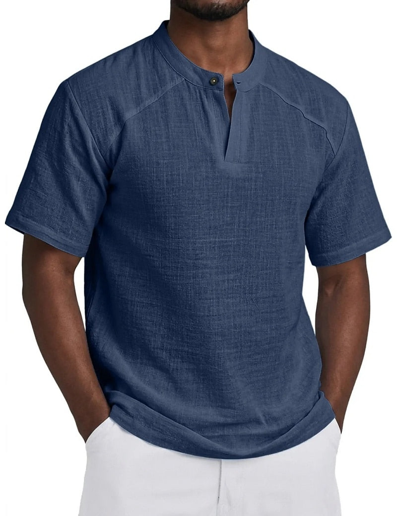Linen-Blend Grandad Popover Shirt
