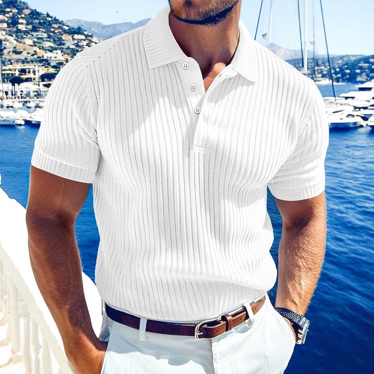 Ribbed Knit Short Sleeve Polo
